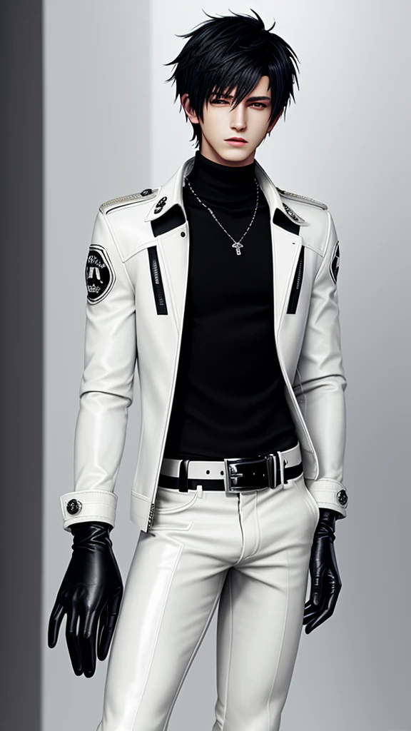 Final fantasy taste and reality graphics, Japanese young cute and cool ikemen  boy, his age is early 20s, thin eyebrows and beady eyes,  he wearing off white color leather  thick material jacket, jacket is singlebrest, biker style jacket, with epaulet, jacket is long sleeve, must close the front of the leather jacket, , jacket is voluminous, ,must jacket is high length and stand-up collar with two belts, jacket is a little black color line pattern,close the front of the jacket, also wearing black thick material turtleneck lackluster shirts,  tight black leather pants, shiny black leather tight and thin glove, black leather knee-high raceup boots,must views  head-to-toe,must views whole body, boy looks like fashion model,Do not show skin from the neck down,leather jacket leather glove and leather pants have few wrinkles,boy in the prison room, Avoid showing your innerwear