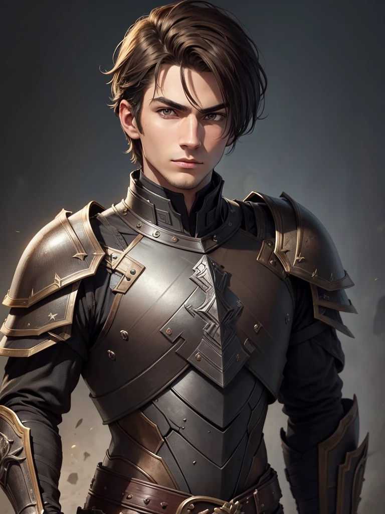 pretty young man, black armour, arrogant look, drawing style, lightBrown hair, europeu