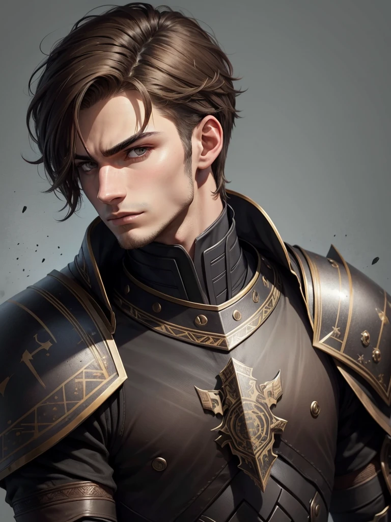 pretty young man, black armour, arrogant look, drawing style, lightBrown hair, europeu