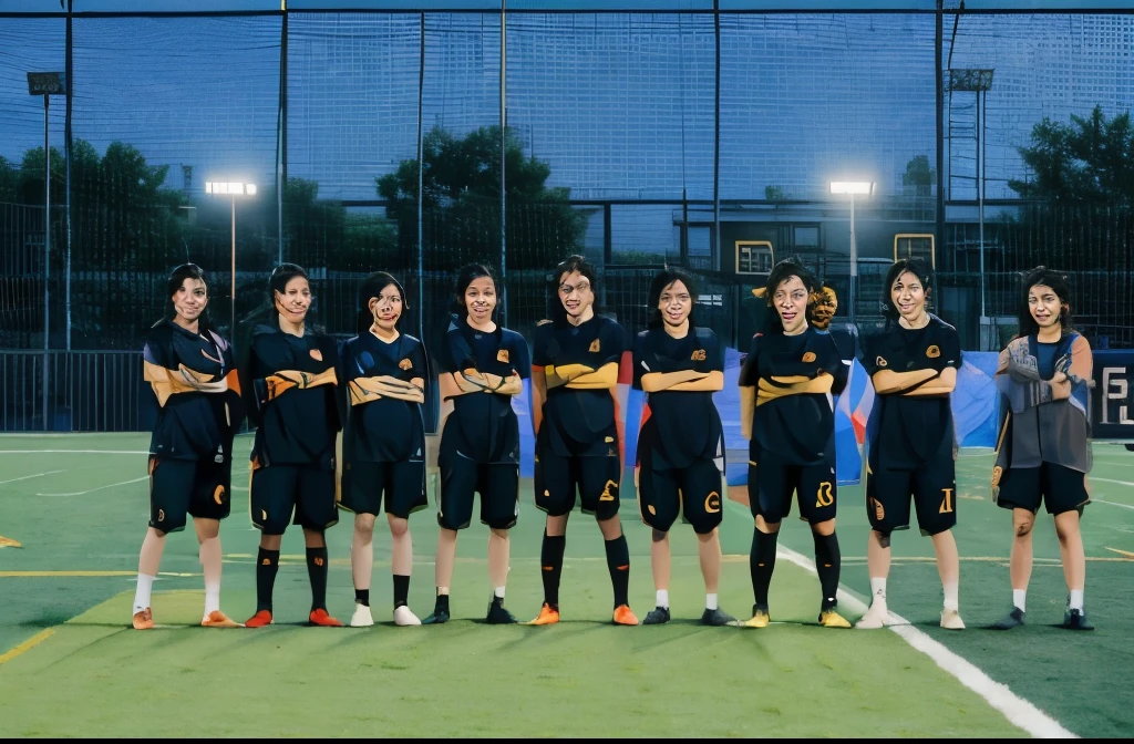 There are a lot of girls standing on the football field with their arms crossed，Inspired by Zou Yigui、nanquan，The middle shot is shot from the left，shot with Sony A 7 III。