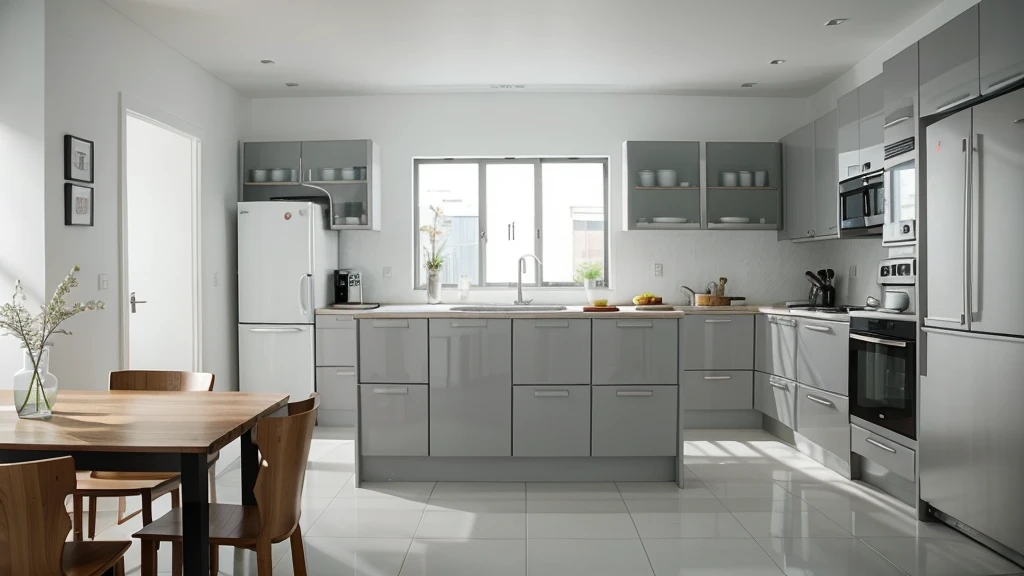 Complete kitchen design with these features: White wall, light gray floor, Dark gray bar and white wooden drawers.