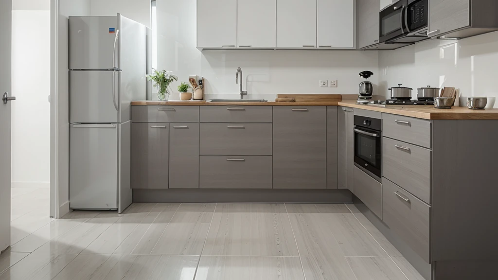 Complete kitchen design with these features: White wall, light gray floor, Dark gray bar and white wooden drawers.
