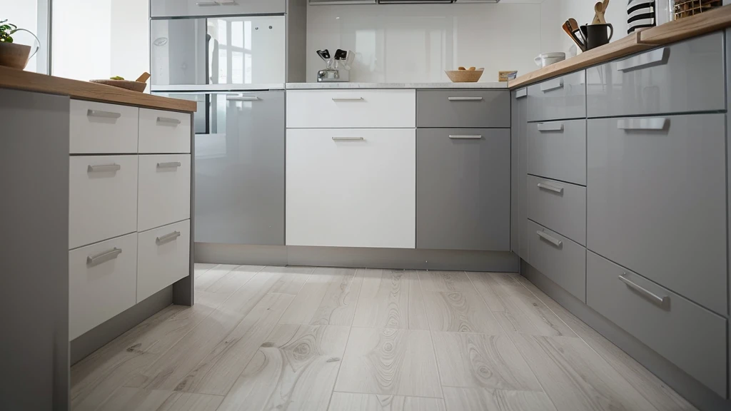 Complete kitchen design with these features: White wall, light gray floor, Dark gray bar and white wooden drawers.