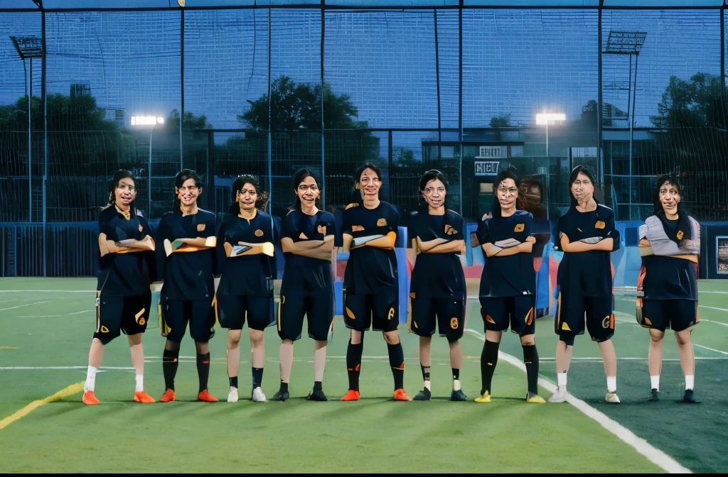There are a lot of girls standing on the football field with their arms crossed，Inspired by Zou Yigui、nanquan，The middle shot is shot from the left，shot with Sony A 7 III。