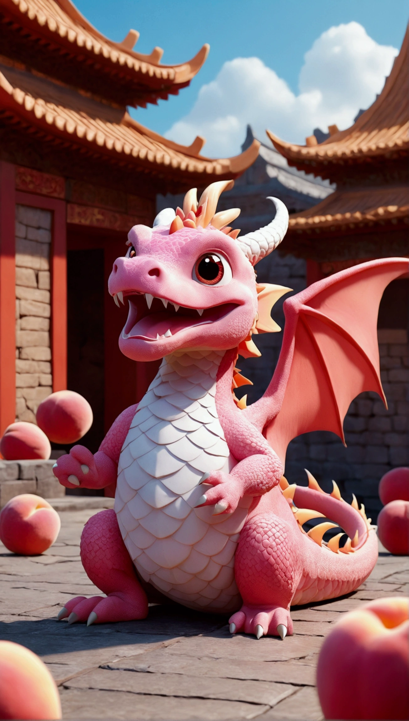A pink peach dragon baby,no wings,ancient city celebration,nobody,background red decoration,white,Pixar, Lovely, Cartoonish,There are decorations around,happiness, Speechless