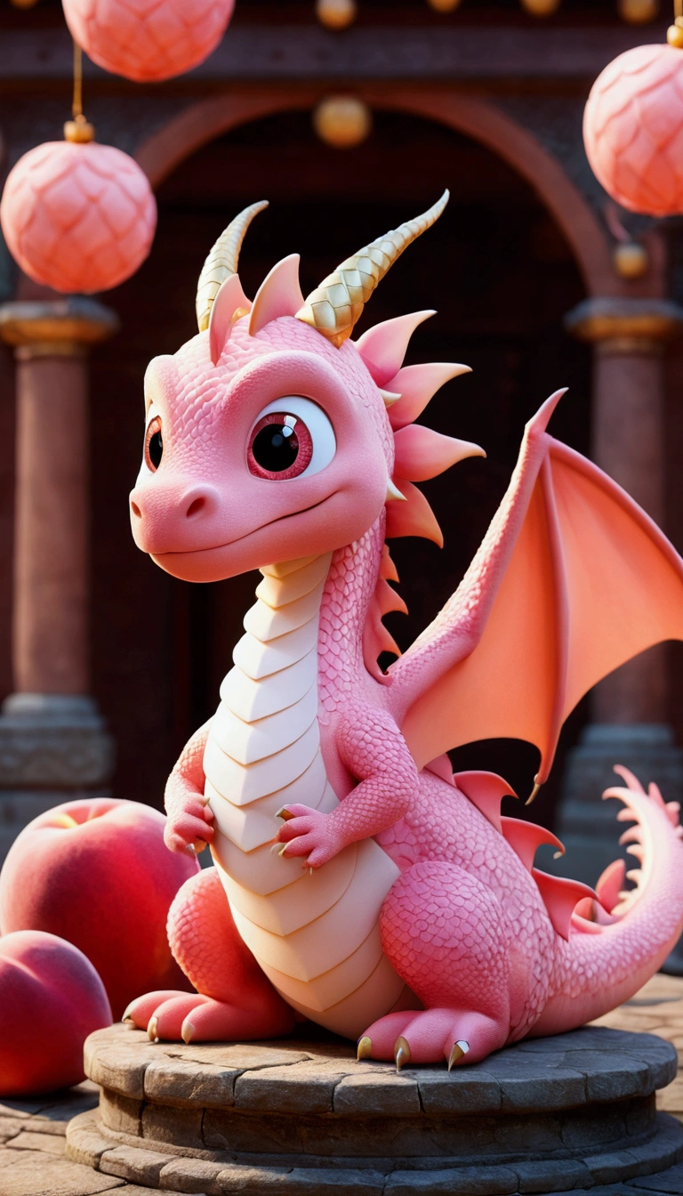 A pink peach dragon ,no wings,ancient city celebration,nobody,background red decoration,white,Pixar, Lovely, Cartoonish,There are decorations around,happiness, Speechless