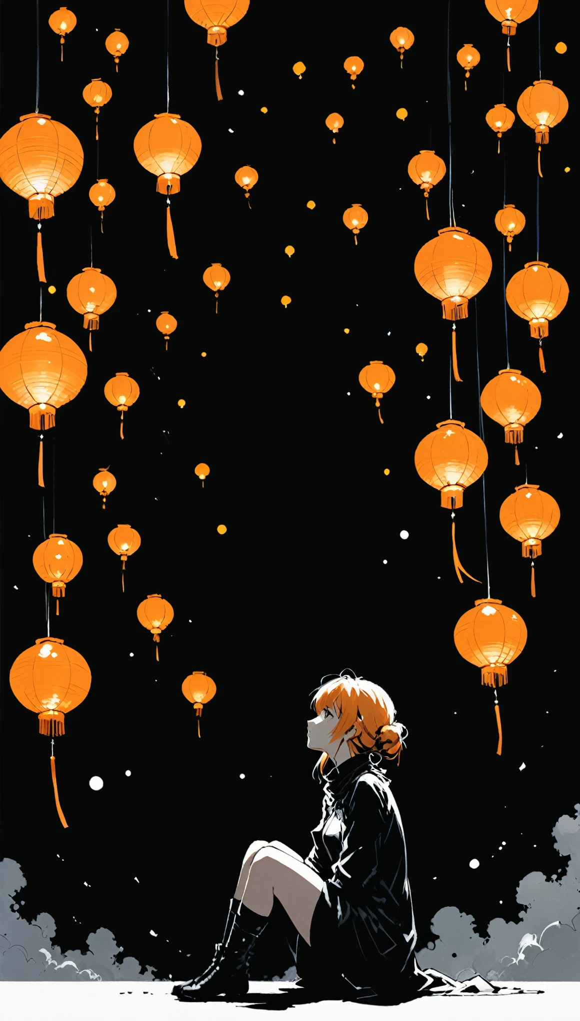 (in style of Ashley Wood:1.1),
1girl,knees apart feet together,?,large areas of white space,black_background,minimalist background,sitting,at the bottom of the screen,(looking up side:1.5),from the side,comic,The sky is full of orange lanterns