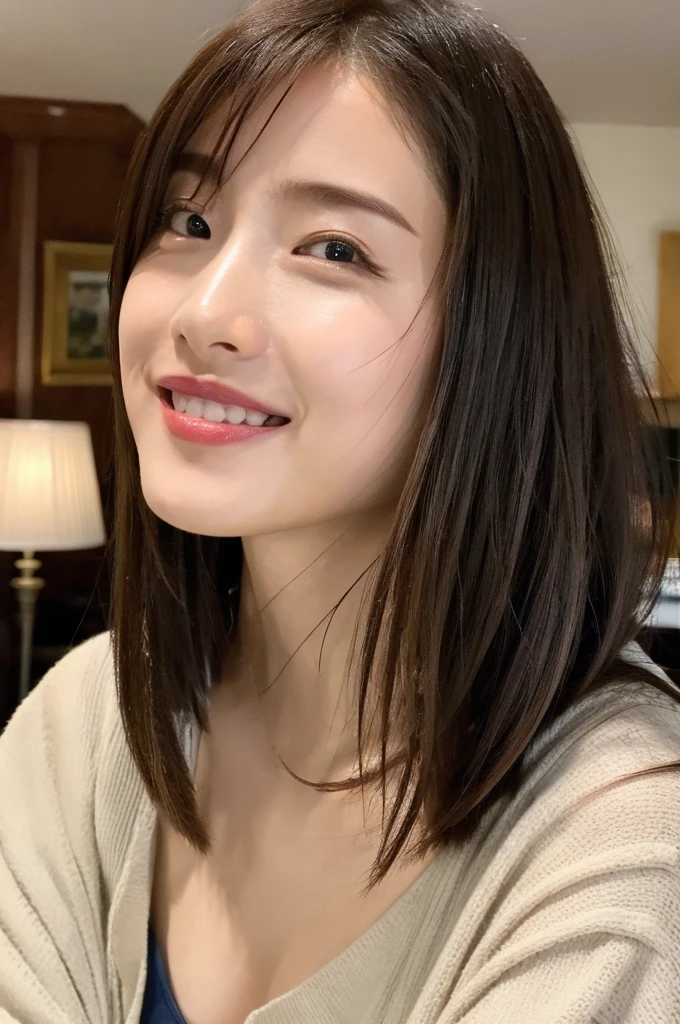 masterpiece、beste-Qualit、realisitic、(A hyper-realistic), (illustratio), (hight resolution), (8K), (enormously detailed), (The best illustrations), (beautiful detailed eye), (beste-Qualit), (ultra-detailliert), (masterpiece), (wall-paper), (details face), a bed、Upper body close-up,Armpit, A smile,Plump,独奏,(Wearing a pink silk plunged open shirt:1.5), japanes, large full breasts, (camel's toe)、gigantic-breast、Luxury living room、Detailed white teeth、ultimate beauty girl、No bra、Wrap a yellow ribbon around your neck、Perfect beautiful teeth、Brown hair、Kizi、(beautiful detailed teeth)、Navel、