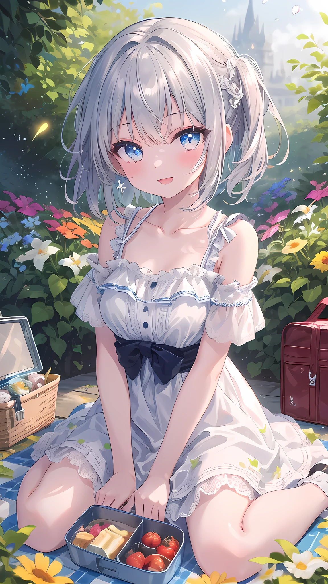 (8k, best quality, master piece: 1.2),super high resolution,1 girl, solo, colorshift eyes, hyperdetailed, expressive eyes, ultra-detailed face, Girly Dress、Random hairstyle、silver gay hair, garden, sunshain, Collarbone, Ecstatic expression,wariza, Dazzling particles of light , Picnic sheet and lunch box