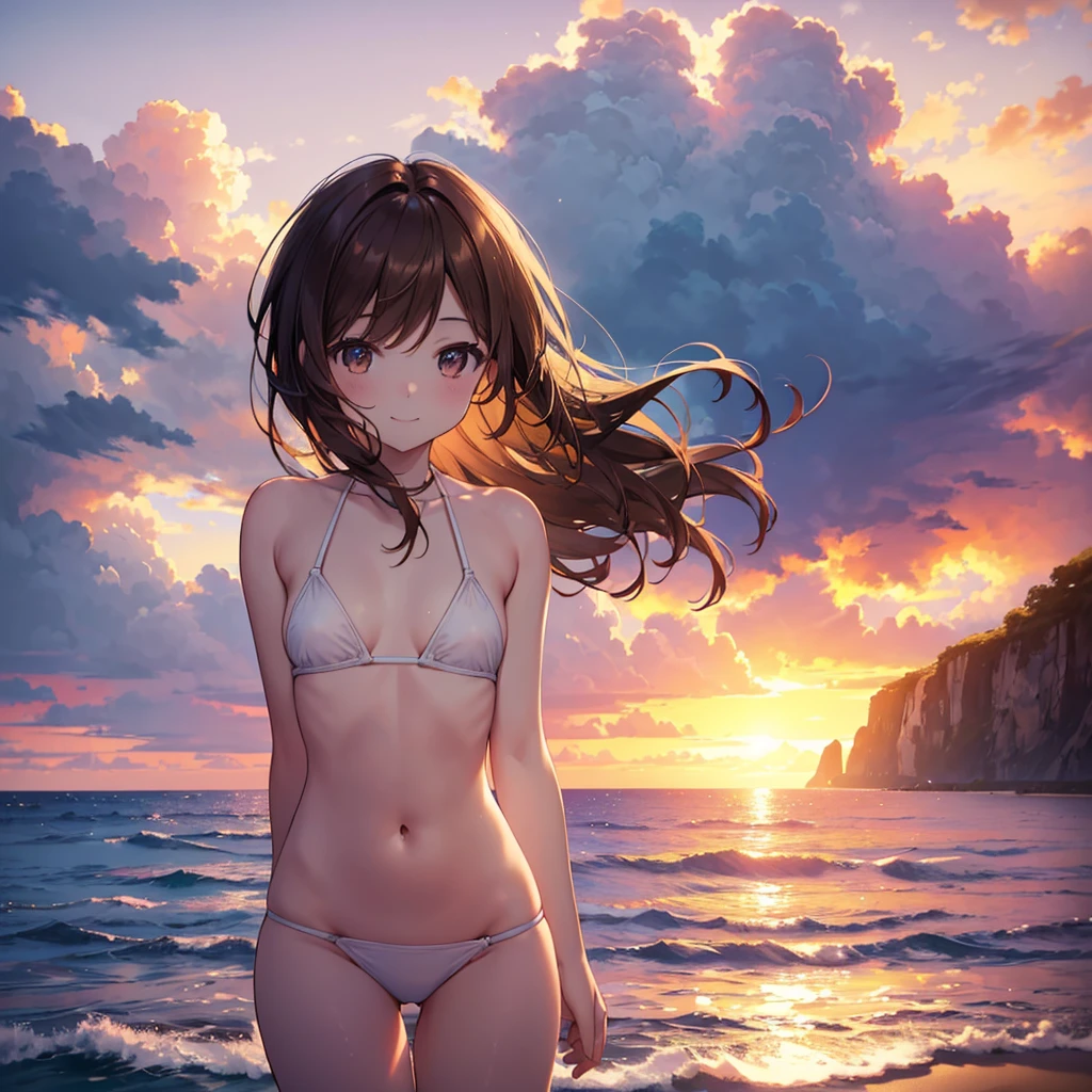 (Sunset Scene, Soft lighting, High saturation):1.4, Vivid lighting, Enchanting elegance, Atmospheric Depth, Great technology, Naturalistic representation, Harmonious composition, Creative refinement, Striking contrast, (One beautiful girl), smile, White Bikini, Nipples, Expose, Brown hair short ,Volumetric Fog, Outdoor, Backlight, Ocean, Calm waves, Small breasts,