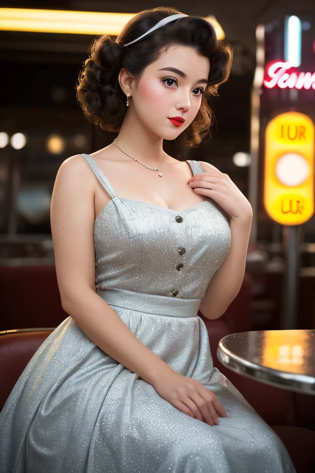 Hyperrealistic photorealistic photography of a Japanese rockabilly woman. Body height 180 centimeters with long legs and feminine curves. Hairstyle is a rockabilly hairstyle. Clothing a pin up pencil petticoat dress and lace stockings and high heels. The model pose is supposed to be that she is sitting on a bar stool in a 1950s bar facing the camera. The scenario of the photography should be the fifties.