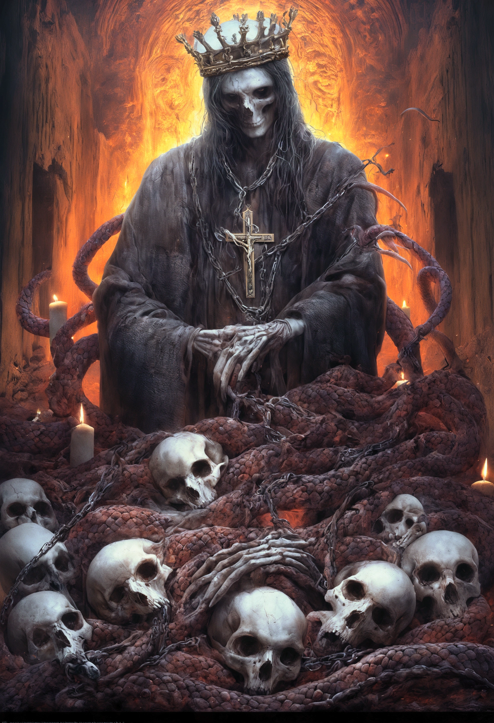 Dark ambient, Intricate Details, Studio Lights, Mystical Ambient, Mechanical, Asymmetric, Mystical Ambient, the result rendered must be made it from parts of the dead human bodies and skulls, skeletons of poisonous vipers and snakes and other reptiles, bones, worldly scum, still life should be surrounding the main objects artwork, horror, evil, hell, ed innocents and must look very real with a blooded crown of spines, rusted and worn metallic chains and it must transmit the pain of the crucifixion of Jesus Christ, art by Carne Griffiths, Wadim Kashin, Anton SemenoGloom82 and Tea Jagodic.