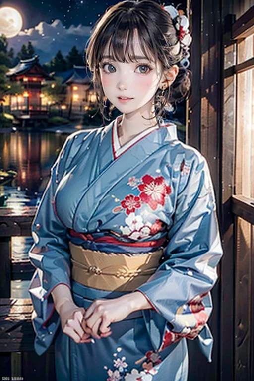 (Highest quality、 8k wallpaper、masterpiece、High resolution)、(whole body)、Beautiful girl in yukata、Brown-black bob、Traditional round topknot、Ample breasts、(Highly detailed face and eyes、Beautiful Face、Beautiful Eyes、Beautiful nose、Pretty lips)、Japanese garden、Digital Art、Detailed Background、Full moon in the sky、moonlight、Detailed CG、