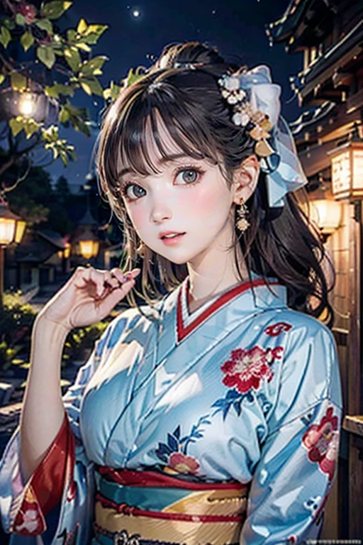 (Highest quality、 8k wallpaper、masterpiece、High resolution)、(whole body)、Beautiful girl in yukata、Brown-black bob、Traditional round topknot、Ample breasts、(Highly detailed face and eyes、Beautiful Face、Beautiful Eyes、Beautiful nose、Pretty lips)、Japanese garden、Digital Art、Detailed Background、Full moon in the sky、moonlight、Detailed CG、