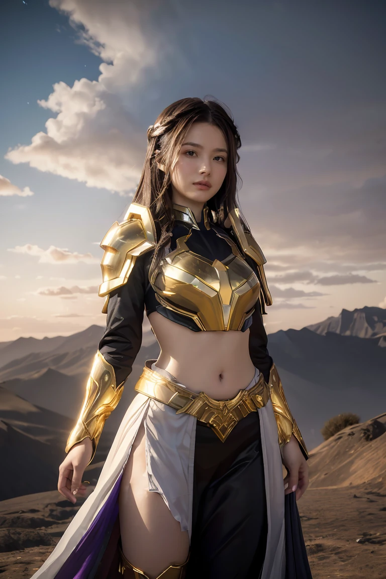 ((masterpiece, best quality, extremely detailed), volumetric lighting, ambient occlusion, colorful, glowing), 1girl, solo, young girl, (dark hair), long hair, halo, aura, sacred, goddess, cleric suit, black outfit with gold detailst:1.3), armor, outdoors, sunset, sky, clouds, space, (fantasy theme:1.2),