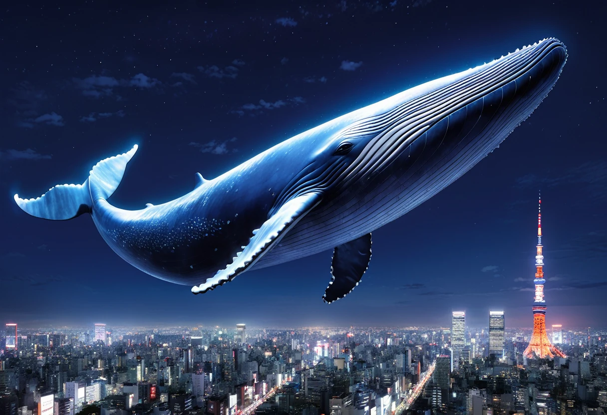 A giant whale flies over Tokyo at night:2.0、((A whale's body expressed through art brut))、超Real、Super detailed、Cinematic lighting、Dramatic Sky、Shining Moon、Cloud Waves、Photorealistic、8k、Super detailed、Very detailed、masterpiece、(Highest quality、4K、8k、High resolution、masterpiece:1.2)、Super detailed、(Real、Photorealistic、Photorealistic:1.37)、HDR、uhd、Studio Lighting、Ultra-fine painting、Sharp focus、Physically Based Rendering、Very detailedな説明、professional、Bright colors、Bokeh、photograph、xuer Big whale