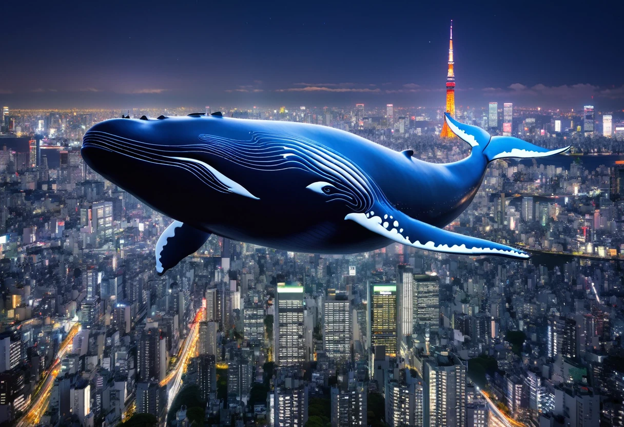 A giant whale flies over Tokyo at night:2.0、((A whale&#39;s body expressed through art brut))、超Real、Super detailed、Cinematic lighting、Dramatic Sky、Shining Moon、Cloud Waves、Photorealistic、8k、Super detailed、Very detailed、masterpiece、(Highest quality、4K、8k、High resolution、masterpiece:1.2)、Super detailed、(Real、Photorealistic、Photorealistic:1.37)、HDR、uhd、Studio Lighting、Ultra-fine painting、Sharp focus、Physically Based Rendering、Very detailedな説明、professional、Bright colors、Bokeh、photograph、xuer Big whale