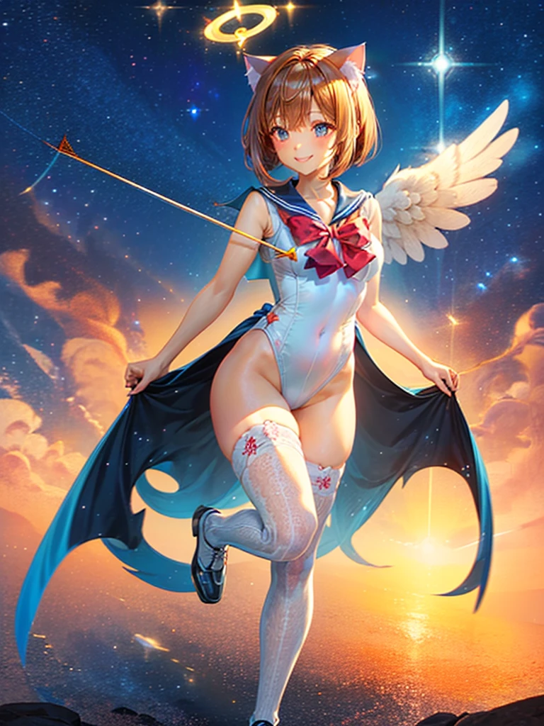 Highest quality,Highest Resolution,Masterpiece,(((A beautiful girl in a sailor leotard with a smile on her face))),High leg,Frills,White knee-high stockings,,Red tie,(((Cat ear))),(((Halation))),Brown hair short bob,(((archery))),White angel wings on the back,universe,Milky Way,Meteor,dark,Bow of Light,whole body,Bow of Light,A distant view,Side view,(((Draw the bow))),Halo,弓を引いている,