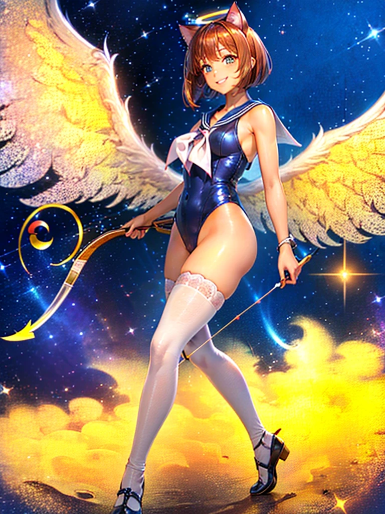 Highest quality,Highest Resolution,Masterpiece,(((A beautiful girl in a sailor leotard with a smile on her face))),High leg,Frills,White knee-high stockings,,Red tie,(((Cat ear))),(((Halation))),Brown hair short bob,(((archery))),White angel wings on the back,universe,Milky Way,Meteor,dark,Bow of Light,whole body,Bow of Light,A distant view,Side view,(((Draw the bow))),Halo,弓を引いている,