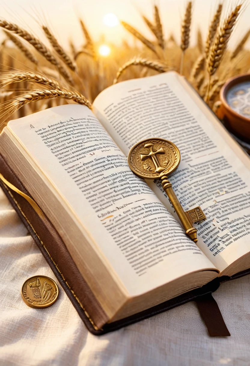 Brown leather-bound Bible open in the center of the image, pages clearly showing the text of Malachi 3:10. A gentle golden aura emanates from the book. All around, floating symbols of prosperity: coins, notes, keys (representing new opportunities), wheat (abundance) and dove (divine blessing). Blurred background in warm tones.