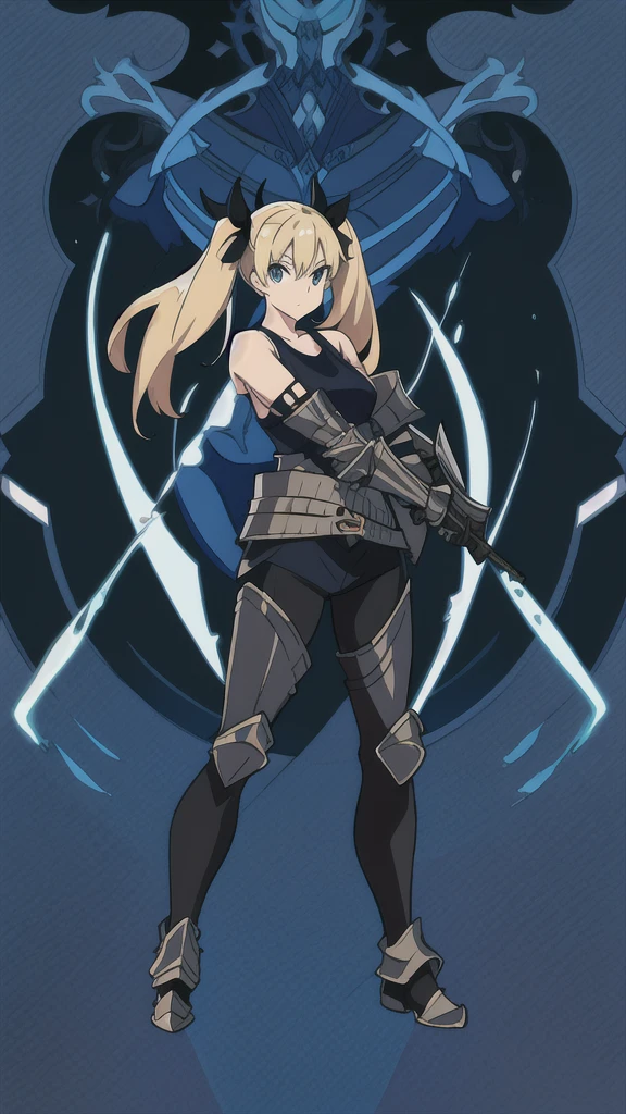 An anime picture, a perfect body, full body, villages background, female warrior, black twin tails, tank top armor, black armor, and black leggings