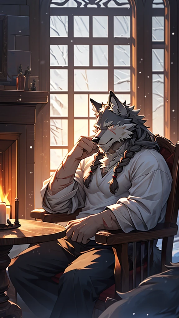 (masterpiece), (photorealistic:1.4), (1boy), (detailed face:1.2), (wolf male:1.5), (old：1.9）, (aged), (retired general),(muscular build), (gray fur:1.3), (long white beard), (long white braided hair), (loose shirt), (sitting), (resting), (calm expression), (peaceful eyes), (many scars), (scar on face), (scar on body), (indoors),  (cold northern region), (room), (fireplace), (fire), (window), (snow outside), (winter), (night), (dim lighting), (cinematic lighting)