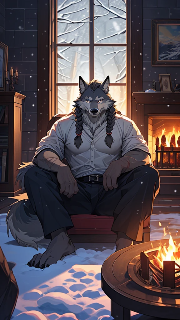 (masterpiece), (photorealistic:1.4), (1boy), (detailed face:1.2), (wolf male:1.5), (old:1.9), (aged), (retired general),(muscular build), (gray fur:1.3), (long white beard), (long white braided hair), (loose shirt), (sitting), (resting), (calm expression), (peaceful eyes), (many scars), (scar on face), (scar on body), (indoors), (cold northern region), (room), (fireplace), (fire), (window), (snow outside), (winter), (night), (dim lighting), (cinematic lighting)