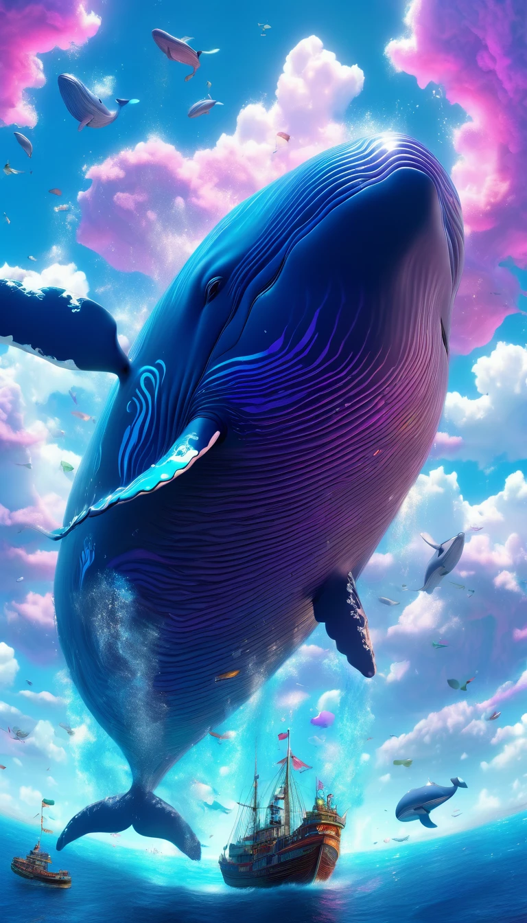 a flying whale, whale in the sky, whimsical digital art, surreal landscape, fantasy creature, magical realism, cinematic lighting, dramatic clouds, vibrant colors, ethereal atmosphere, intricate details, photorealistic, (best quality,4k,8k,highres,masterpiece:1.2),ultra-detailed,(realistic,photorealistic,photo-realistic:1.37)