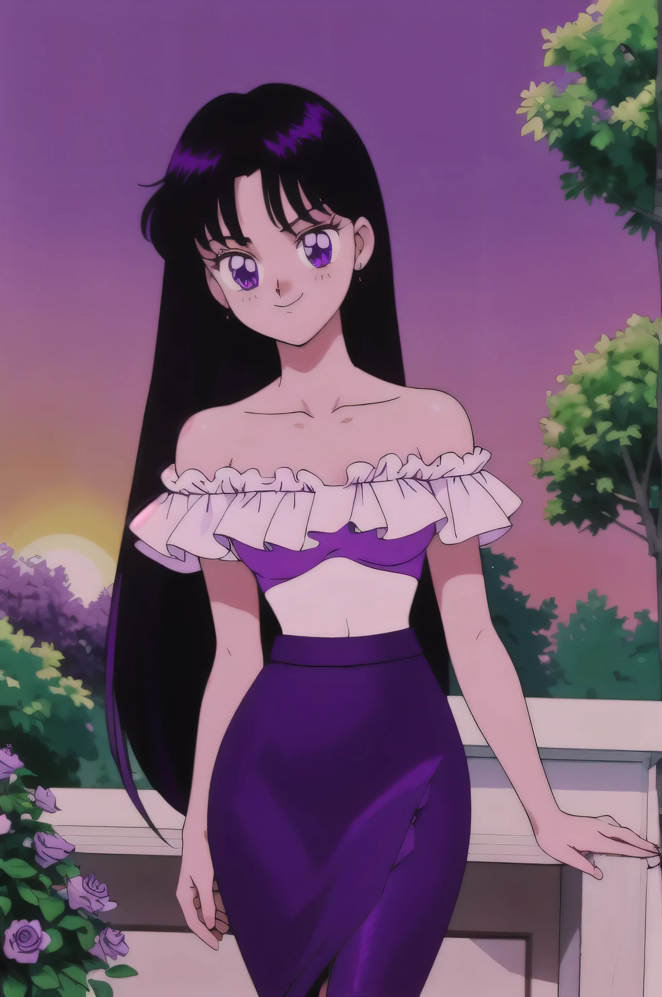 (retro anime girl:1.2), (masterpiece:1.2), (best quality), (ultra detailed), (8k,4k), (half body:1.2), (cowboy:1.2), (close up:1.2), (highly detailed:1.2), (White Ruffle Off-the-shoulder top:1.4), (purple skin tight pencil skirt:1.4), Rei Hino, 1 girl, solo, Best quality, masterpiece, High Definition, ager, Purple Eyes, Beautiful Detail Eyes, Black Hair, Long Hair, Good hands at sides, Seductive Smile, Blushing, Bare Neck, Bare Arms, Bare Shoulders, short sleeve, Strapless, White Ruffle Off-the-Shoulder Top, purple skin tight pencil skirt, standing in her garden, looking at viewers, garden, swimming pool, sunset skies, rose bushes, outdoor gazebo