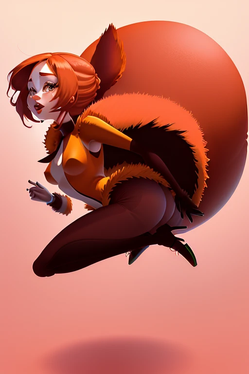 gear00d, a woman jumping, jumping full body, simple background, GRADIENT BACKGROUND, make-up, colored fur, staring overhead, lipstick, freckles, back arched, precise, monchromatic