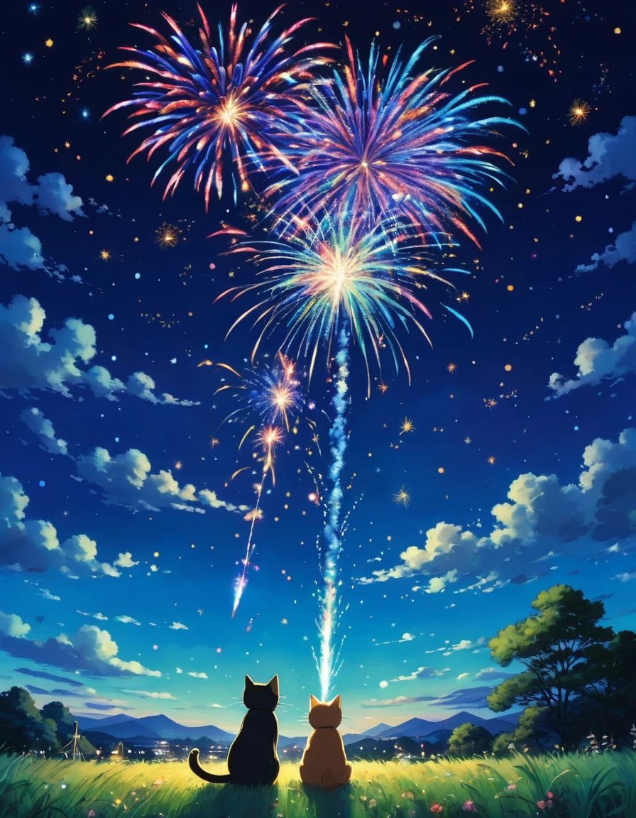 Ghibli　Floating in the sky　Cat　firework　The night sky is a deep blue、Countless twinkling stars are scattered around. 色とりどりのfireworkが打ち上がる, The glowing lines create a spectacular picture in the countryside. 