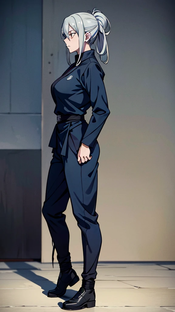 Screenshot of jujutsu kaisen, Female gender, Golden eyes and friendly face, Long light gray hair, Light skin, Wearing dark blue jujutsu kaisen uniform, Full body and face in profile.