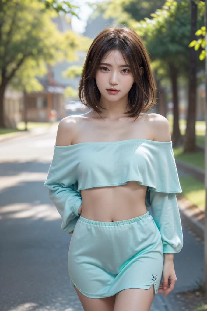 Green clothes、Drinking bottled water, Highest quality, masterpiece, Ultra-high resolution, (Realistic:1.4), RAW Photos, One Girl, Off the shoulder, Deep Shadow, Moderate, short hair, roadside,walk, 20-year-old,Cute Face, Small breasts, Tight shirt,(Cowboy Shot:1.5), Lens flare,