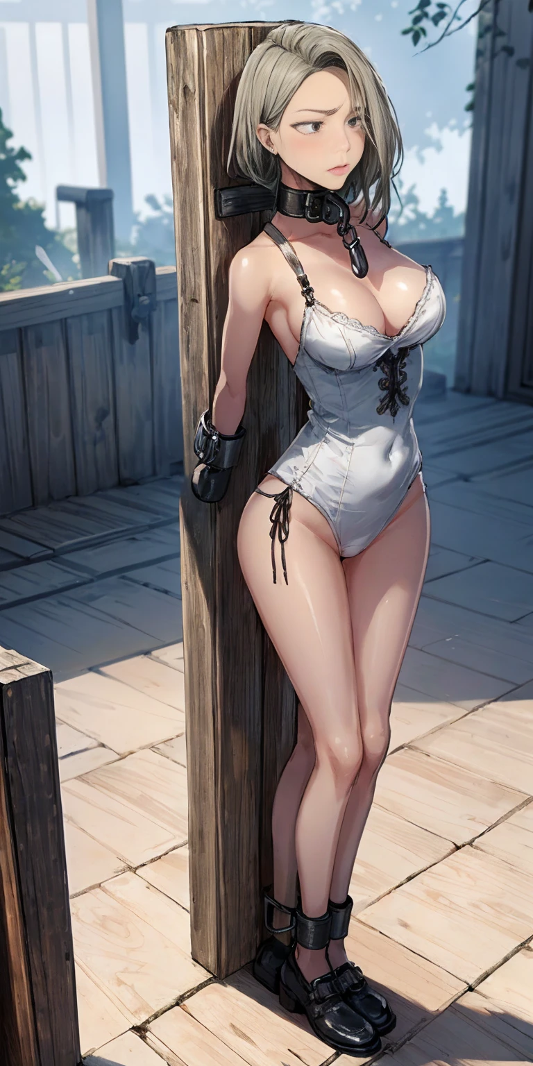 (Masterpiece, best quality, intricate details, 1sologirl) iron collar, arms behind back, iron cuffs, shackles, bound ((standing by wooden pole:1.2)) looking from above happy closed mouth