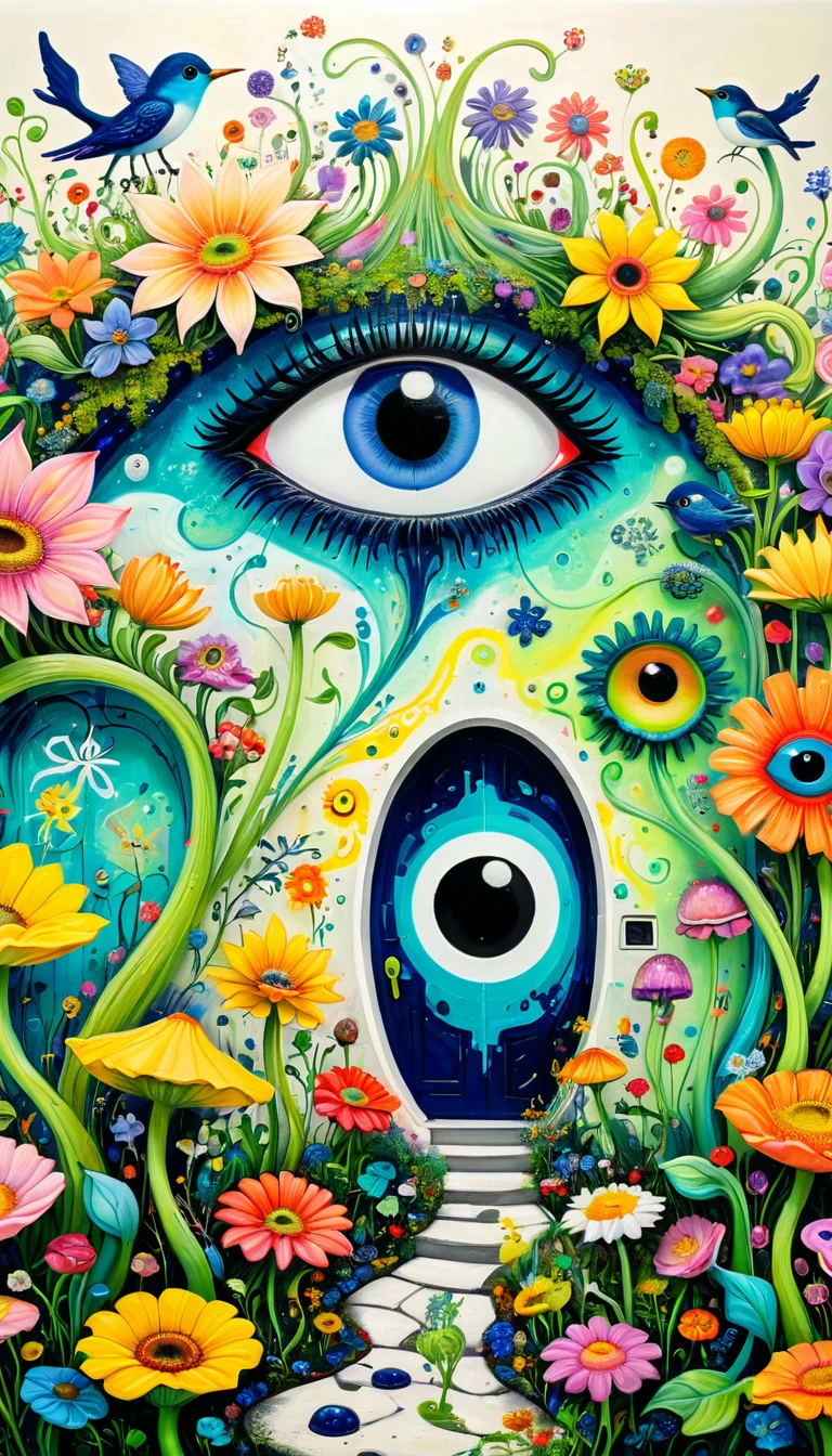 ren's graffiti,Thick coating,Concave and convex texture,Oil pastel strokes:一只可爱的大flower猫、house、flowesh、Tentacles、bird、(((Eye)))、diatom,Abstract mosaic painting,Describing the inner world of autistic people,Sense of space,White Space,interesting,Innocence,Psychedelic Art,
