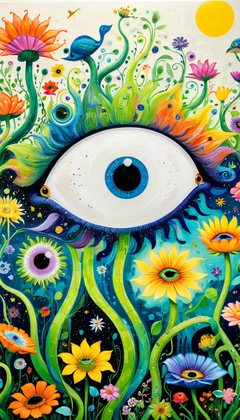Children's graffiti,Thick coating,Concave and convex texture,Oil pastel strokes:一只可爱的大flower猫、house、flowesh、Tentacles、bird、(((Eye)))、diatom,Abstract mosaic painting,Describing the inner world of autistic people,Sense of space,White Space,interesting,Innocence,Psychedelic Art,