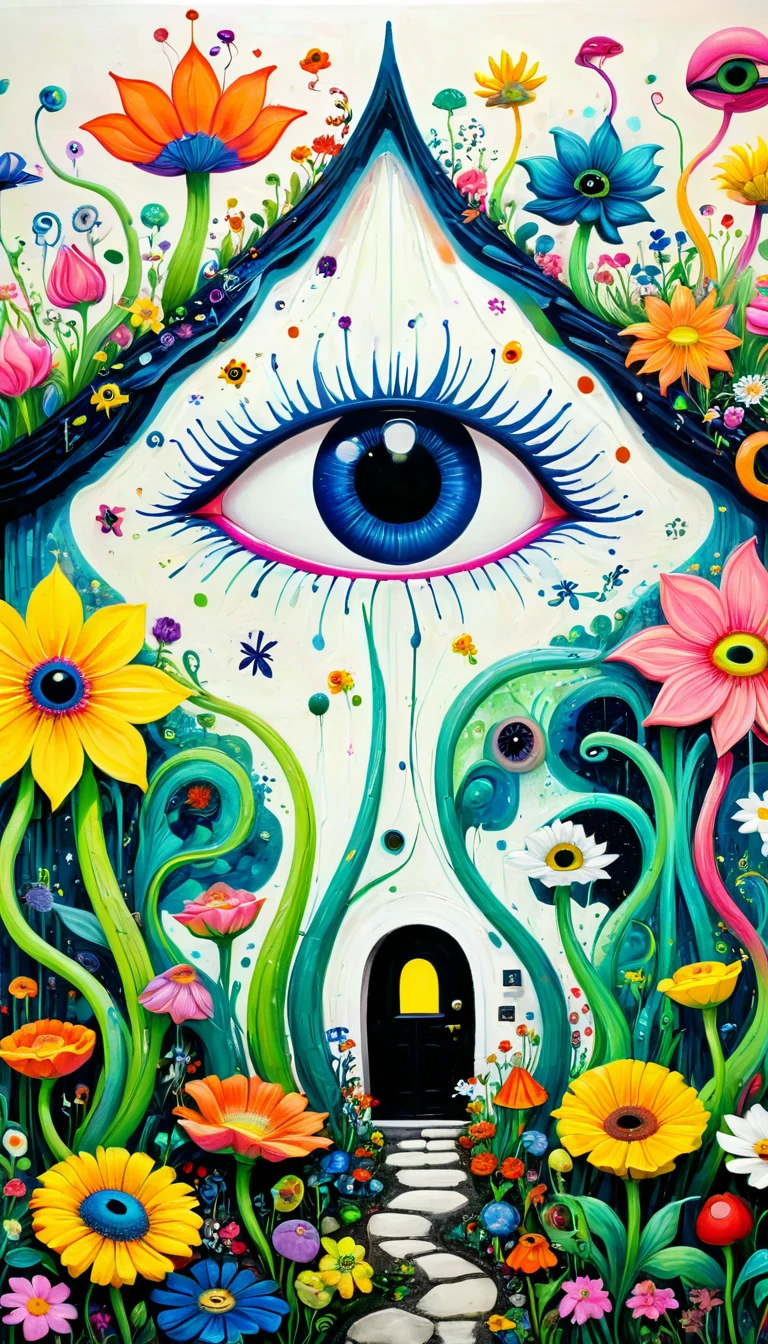 Children's graffiti,Thick coating，Concave and convex texture，Oil pastel strokes：一只可爱的大flower猫、house、flowesh、Tentacles、bird、(((Eye)))、diatom，Abstract mosaic painting，Describing the inner world of autistic people，Sense of space，White Space，interesting，Innocence，Psychedelic Art，
