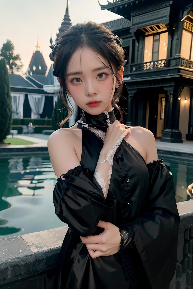 Create the image of a young girl of 20 years, Thai, cute, who has silver and bright eyes, he is a sorcerer, from the narix up he wears a black mask and wears black gala clothes, behind him, rising in the night, has a Victorian mansion of stone. NIGHT SCENE