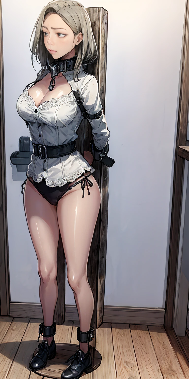 (Masterpiece, best quality, intricate details, 1sologirl) iron collar, arms behind back, iron cuffs, shackles, bound ((standing by wooden pole:1.2)) looking from above happy closed mouth