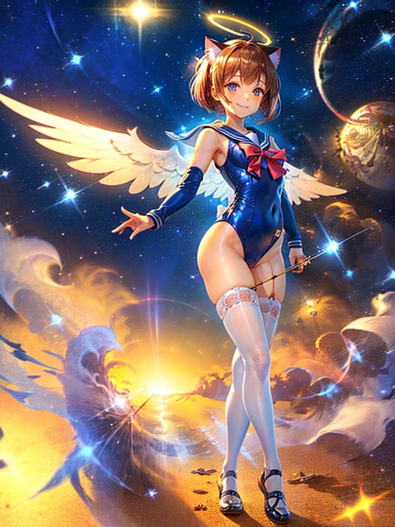 Highest quality,Highest Resolution,Masterpiece,(((A beautiful girl in a sailor leotard with a smile on her face))),High leg,Frills,White knee-high stockings,,Red tie,(((Cat ear))),(((Halation))),Brown hair short bob,(((archery))),White angel wings on the back,universe,Milky Way,Meteor,dark,Bow of Light,whole body,Bow of Light,A distant view,Side view,(((Draw the bow))),Halo,弓を引いている,