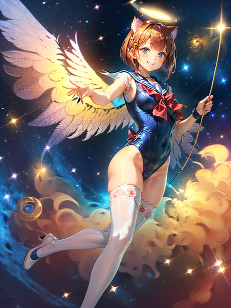 Highest quality,Highest Resolution,Masterpiece,(((A beautiful girl in a sailor leotard with a smile on her face))),High leg,Frills,White knee-high stockings,,Red tie,(((Cat ear))),(((Halation))),Brown hair short bob,(((archery))),White angel wings on the back,universe,Milky Way,Meteor,dark,Bow of Light,whole body,Bow of Light,A distant view,Side view,(((Draw the bow))),Halo,弓を引いている,