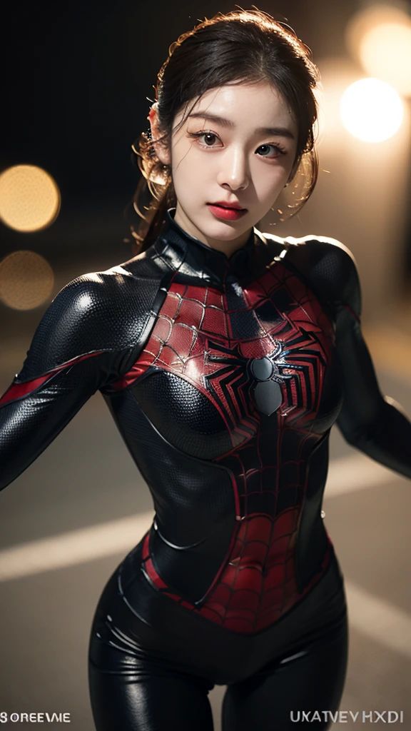 masterpiece, 1 Korean girl,realisticlying,8K UHD,high high quality,in the background bokeh, white and black spider-man suit,Spidey,Clothes wrap around the whole body,Tight clothing,Abs contour,Short black hair,s the perfect face,shining face,Ultra-clear face,Elaborate Eyes,idoly
