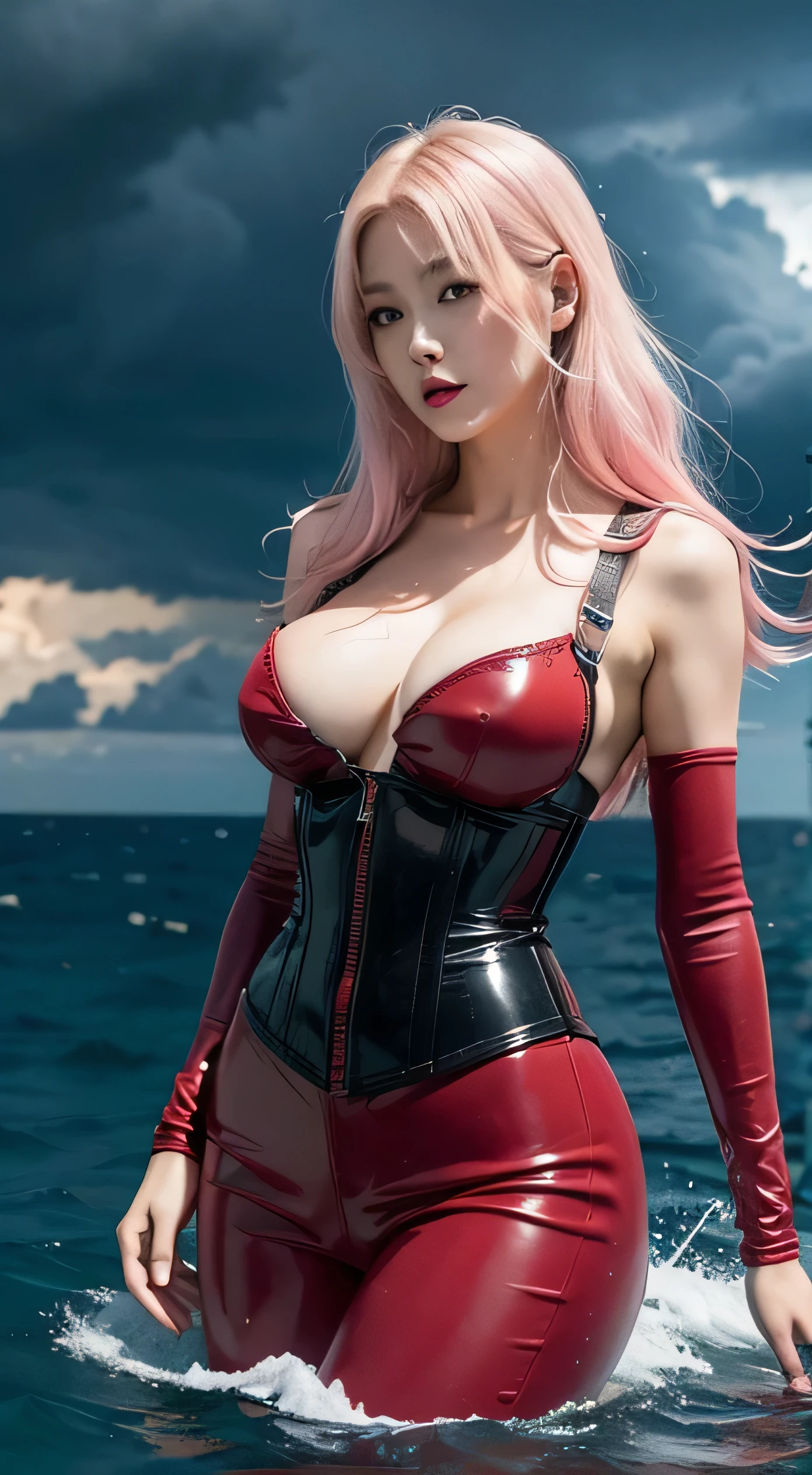 best quality, 4k, Giant squid attack, la week, frightened, Beautiful Girl, japanese makeup, Pink lips, Platinum hair, slim body, big breasts, thigh, corsets, Tight long leather pants, Red and black outfits, stand, in the middle of the sea, hands behind the back:1.4, Cloudy skies and lightning background mode,