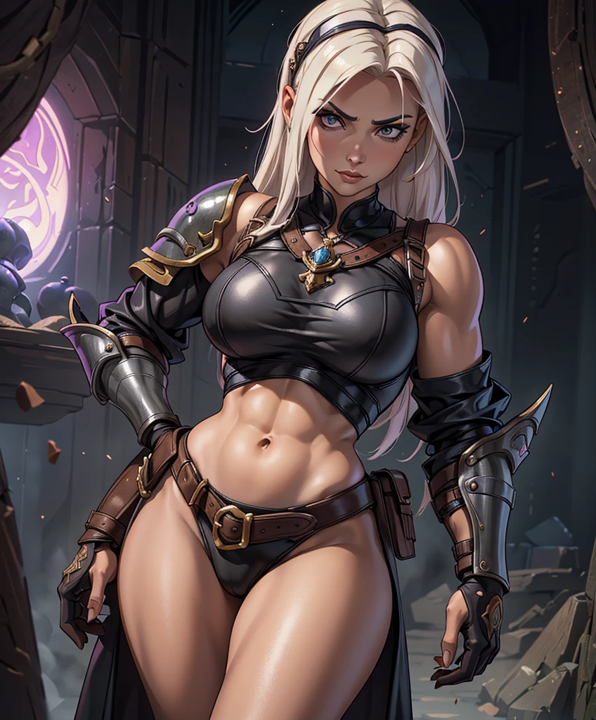 A beautiful athletic female drow(dark elf), fit muscular ripped body, White colored hair, black skin like coal, red eyes glow, wielding a long sword and shield, full leather armor, fighting stance, underdark fantasy art, dim light source, cinematic lighting, highly detailled, best quality, masterpiece, 8k