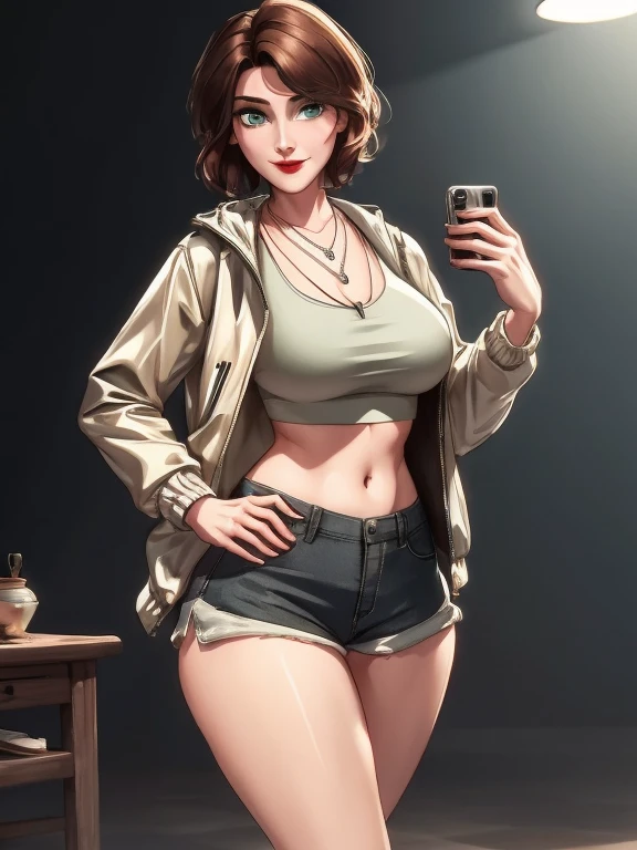 (best quality:1.4),(mature face), (((best quality))), illustration, perfect lighting, Colorful, Bright_Front_face_Lighting, ultra high res, (Beautiful, medium breasts:1.2), (thick thighs:1.1), (42 years old:1.2), THICK, Aunt Cass, Aunt Cass Big Hero 6, MILFs, one woman, Mature female, 42 yo, brown hair, mid-length wavy hair, big green eyes, pale skin, round face, gentle smile, thin eyebrows, ((Wearing crop-top, jacket, silver necklace with a pendant, short-shorts and sneakers)), red lips, short hair, posing for the camera, art by Artgerm, painted background, studio portrait, soft light, bezel lighting, shimmer in the eyes, bokeh background, picturesque, 8K, HDR, RGB, Ultra-HD
