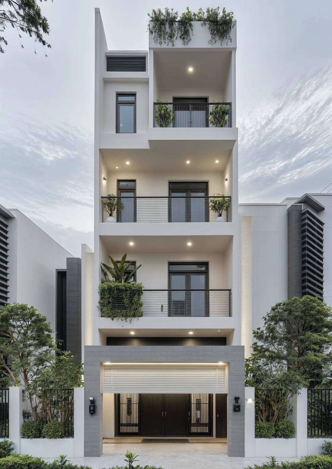 RAW photo, a photo of a modern house, (curvilinear archrchitecture:1.4), Wabisabi style rounded wall, white wall, steel black gate, sidewalk, sidewalk trees, ((grey gate:1.2)), road, viet nam modern residence, ((architectural shot)), rough white wall, new residential area, wide angle exterior 2022, contemporary house, exterior photography, masterpiece, contemporary architecture, overcast, indirect lighting