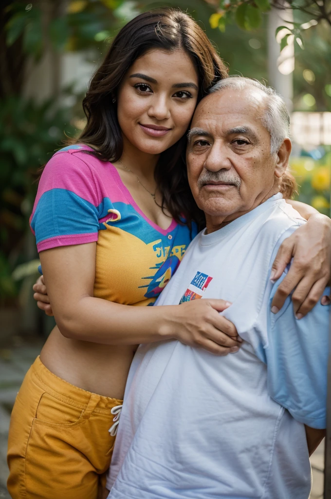 36d young beautiful hispanic woman with no makeup, with colorful shirt, arms around her elderly dad, midday, shallow-focus, 35mm, photorealistic, Canon EOS 5D Mark IV DSLR, f/5.6 aperture, 1/125 second shutter speed, ISO 100 --ar 2:3 --q 2 --v 4