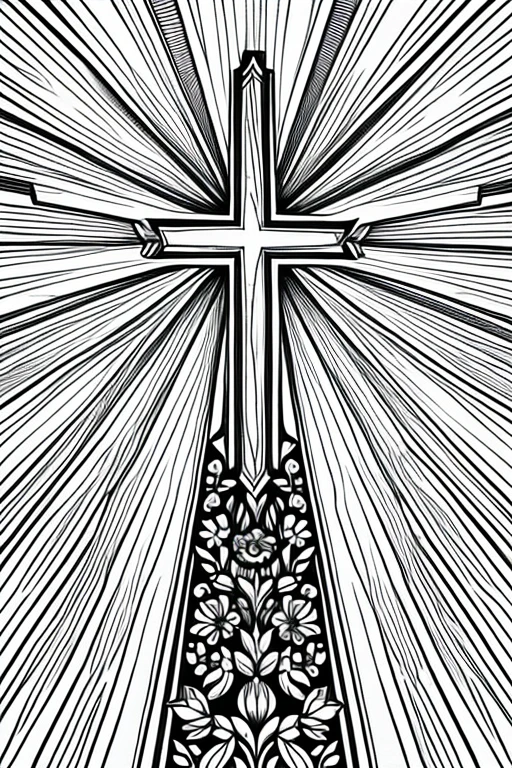 "Create a detailed illustration of a cross surrounded by floral patterns and rays of light." line art