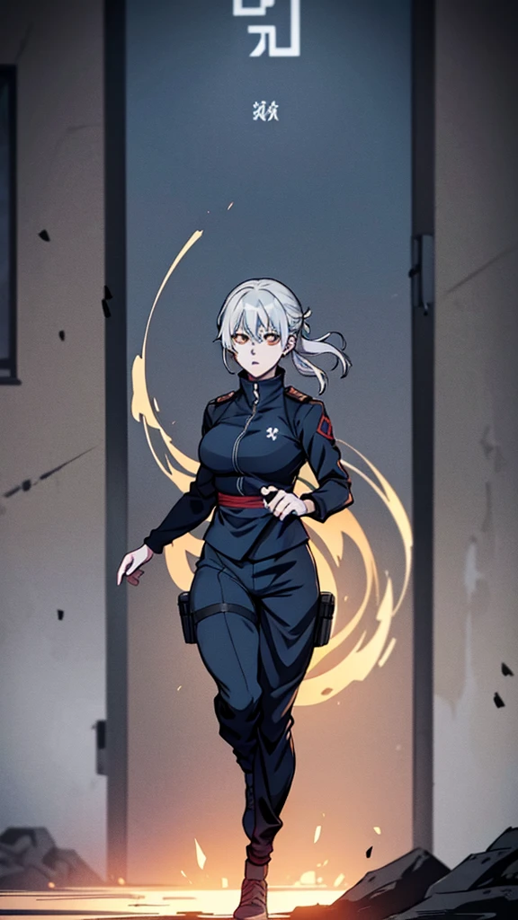 Screenshot of jujutsu kaisen, Female gender, Golden eyes, Long light gray hair, Light skin, Wearing dark blue jujutsu kaisen uniform, Full body