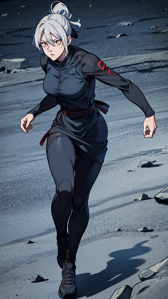 Screenshot of jujutsu kaisen, Female gender, Golden eyes, Long light gray hair, Light skin, Wearing dark blue jujutsu kaisen uniform, Full body